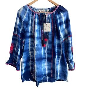 Caffe Marrakesh Embroidered Tie Dye Tassel Blouse Blue M